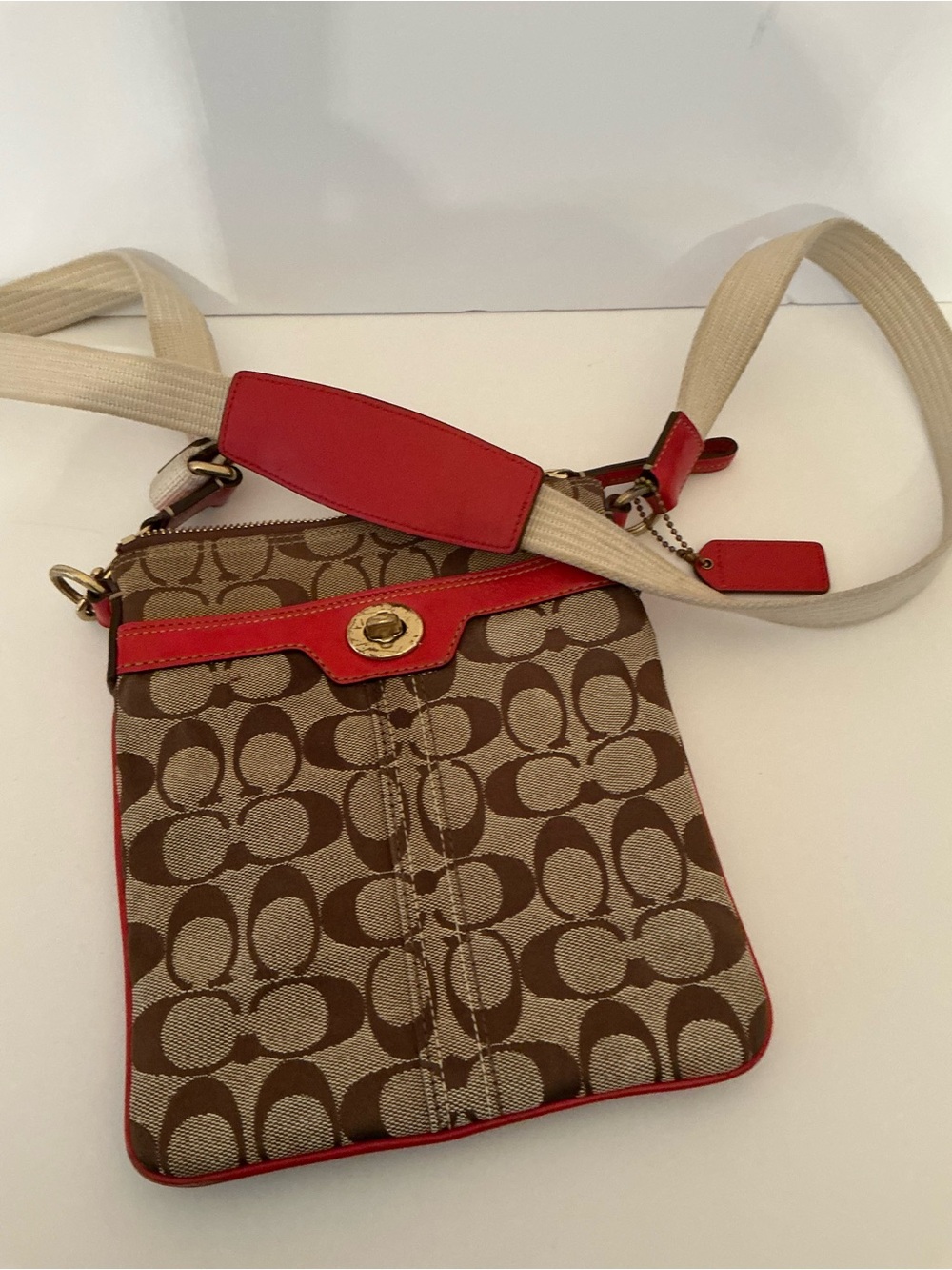 Coach Brown Signature Crossbody with Red Trim